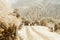 A himalayan mountain hill where slow speed car are moving forward against gravity in Magnetic Hill, a natural wonder at Leh,