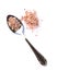 Himalayan salt that has been crushed into small grains and a certain amount in a stainless steel spoon