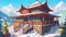 Himalayan Traditional House Design: Anime-Inspired Illustration with Vibrant Colors, Generative AI