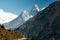 Himalayan trail towards Everest base camp overlooking Ama Dablam mountain.