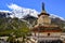 Himalayas mountain view with buddhist chapel stupa