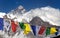 Himalayas mountains and Mount Everest with prayer flags