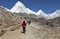 Himalayas, Nepal- cirka November, 2017: hikers on the way to Everest Base Camp, beautiful sunny weather and spectacular views