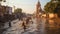 Hindu devotees bathing in the holy Ganga river at sunset