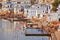 Hindu devotees bathing in sacred Puskhar Sagar lake on on ghats of Pushkar, Rajasthan, India