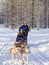Hindu family with child riding husky dog sledge in Lapland