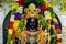 hindu god lord rama from Ramayana black stone statue from flat angle in details