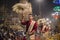 Hindu men at the religious Ganga Aarti ritual, fire puja in Varanasi, India