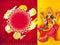 Hindu Mythological Goddess Lakshmi and blank floral frame given for your message with brush stroke effect on red and yellow