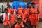 Hindu pilgrims wearing saffron dress looks as they visit the Kashi Viswanath temple