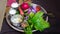 Hindu puja plate closeup. Worship plate to prayer of God. Ornamented sacred plate with Bilv or Scent sticks and milk glass