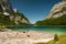 Hinterer Gosausee in Austria in summer, cattle resting near water