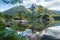 Hintersee Lake with reflection of Watzmann mountain peaks. Ramsau Berchtesgaden Bavaria, Germany, Europe