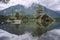 Hintersee Lake with reflection of Watzmann mountain peaks. Ramsau Berchtesgaden Bavaria, Germany, Europe