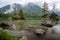 Hintersee Lake with reflection of Watzmann mountain peaks. Ramsau Berchtesgaden Bavaria, Germany, Europe