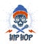 Hip Hop music vector logo or label with wicked skull and two microphones crossed like crossbones, Rap rhymes night club party