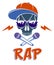 Hip Hop music vector logo or label with wicked skull and two microphones crossed like crossbones, Rap rhymes night club party