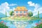a hipped roof french chateau near a calm lake, magazine style illustration