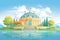 a hipped roof french chateau near a calm lake, magazine style illustration