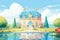 a hipped roof french chateau near a calm lake, magazine style illustration