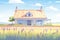 a hipped roof french property side view over a lavender field, magazine style illustration