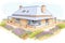 a hipped roof french property side view over a lavender field, magazine style illustration