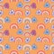 Hippie aesthetic seamless pattern with flowers and rainbows. Groovy background for T-shirt, poster, card and print. Doodle