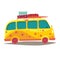 Hippie camper van. Travel by vintage yellow bus. Woodstock lifestyle. Tourism, summer holiday