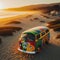 Hippie camper van travels the coastal road