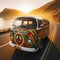 Hippie camper van travels the coastal road