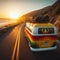 Hippie camper van travels the coastal road