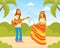 Hippie Characters, Young Man and Woman Playing Guitar and Dancing on Summer Landscape, Happy People Wearing Retro