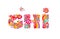 Hippie childish alphabet with colorful abstract flowers, rainbow and mushrooms. GHI