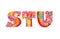 Hippie childish alphabet with colorful abstract flowers, rainbow and mushrooms. S, T, U