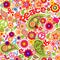 Hippie childish colorful wallpaper with mushrooms and poppies
