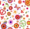 Hippie childish funny wallpaper with abstract flowers, mushrooms, rainbow and peace symbol