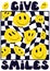 Hippie faces. Abstract surreal poster. Psychedelic checkered pattern. Yellow emoji. Distorted chessboard.with positive