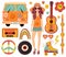 Hippie groove retro vintage icons with girl hippy in 70s-80s style. Flat vector illustration.