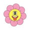 Hippie groovy chamomile smiley strange character good vibes. Retro daisy flower head crazy mascot shows tongue