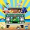 Hippie Groovy Van Traveling to the Beach for Summer Holidays Vector Illustration