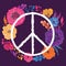 Hippie peace symbol with flowers, leaves and buds. Collection decorative floral design elements.