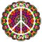 Hippie peace symbol. Peace and love on ornate colorful mandala background.