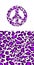 Hippie peace symbol and seamless wallpaper with leopard violet print. Fashion design for t-shirt, bag, poster, scrapbook