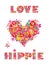 Hippie print with heart shape, abstract colorful flowers, mushrooms and rainbow