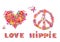 Hippie print with heart shape, abstract colorful flowers, peace symbol, mushrooms and rainbow