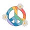 Hippie retro groovy rainbow peace symbol with daisies.
