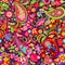 Hippie vivid colorful wallpaper with abstract flowers, hippie peace symbol, butterfly, ladybird, pomegranate and paisley