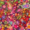 Hippie vivid colorful wallpaper with abstract flowers, hippie peace symbol, mushrooms, pomegranate and paisley