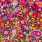 Hippie vivid colorful wallpaper with abstract flowers, hippie peace symbol, peace and love words, mushrooms, pomegranate and paisl