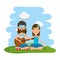 Hippies couple playing guitar in the field